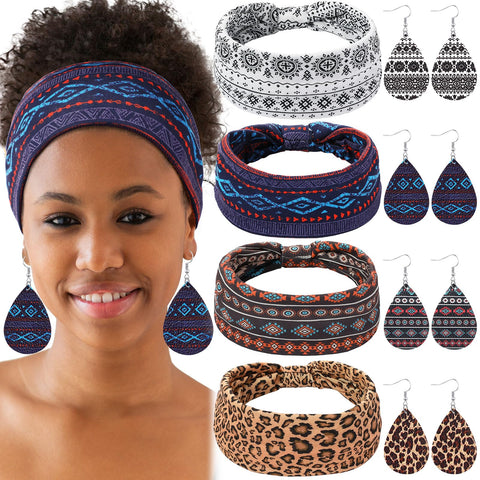 WILLBOND 4 Pcs African Headband with 4 Pcs African Faux Leather Earrings for Woman,African Boho Print Headband Head Wrap African Jewelry Sets for Women (Retro Pattern)