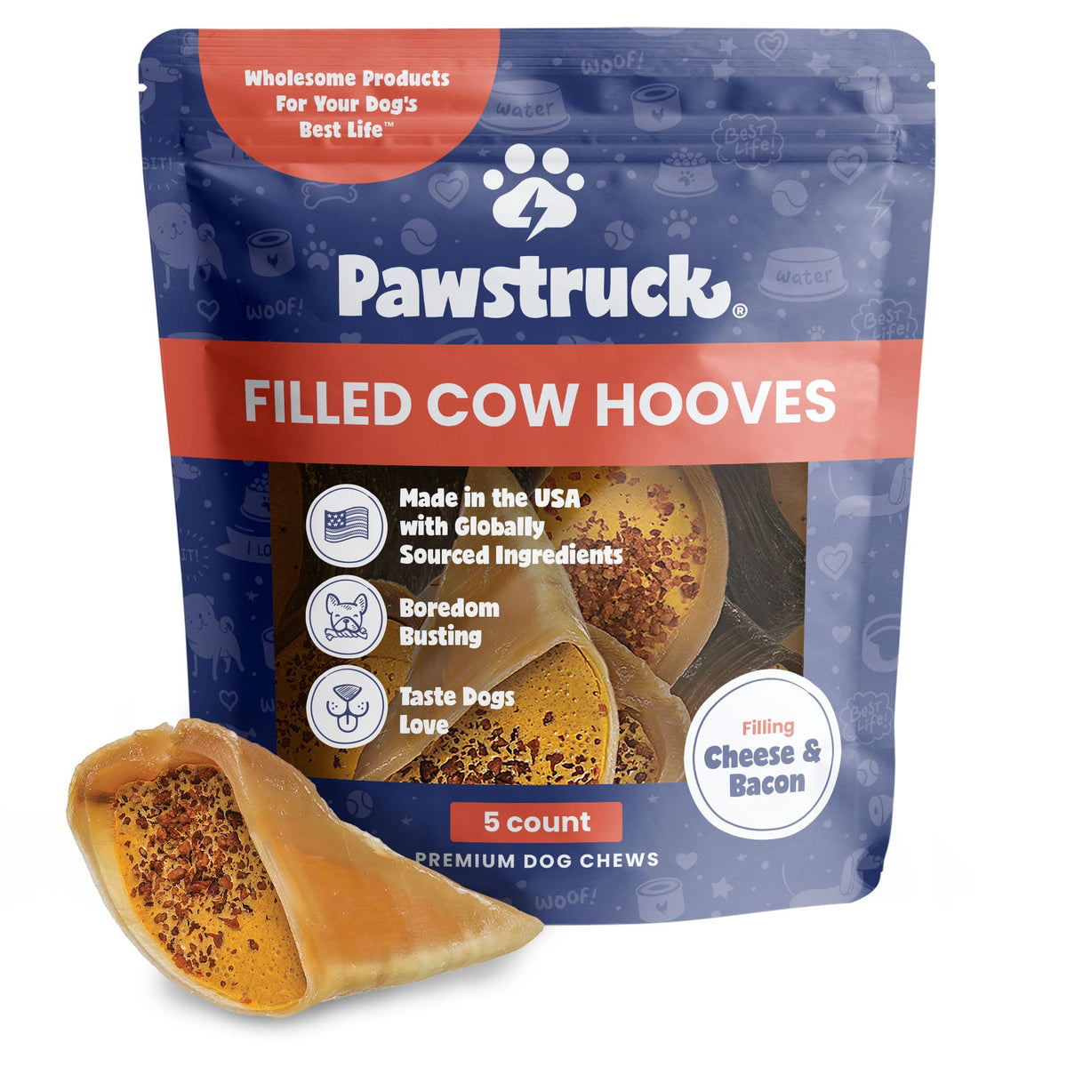 Pawstruck Cheese & Bacon Filled Cow Hooves for Dogs - Made in The USA Long Lasting Dog Dental Treats & Dog Chews Beef Hoof - 5 Count - Packaging May Vary