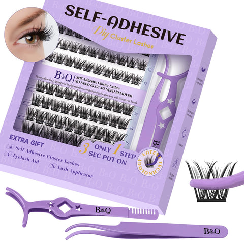 B&Q Self Adhesive Eyelashes Extensions Kit 100 PCS Self Adhesive Lashes 8-18 Mixed No Glue Eyelashes ZC06 Press On Eyelashes Clusters Kit Natural Adhesive Lashes Self No Glue Needed (ZC06-D-MIX)