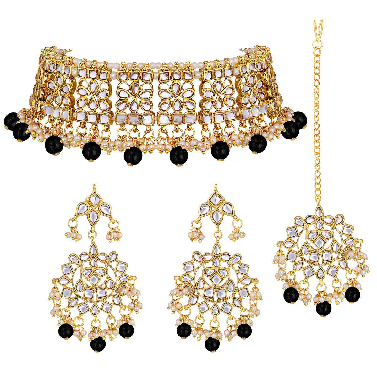 Aheli Elegant Indian Faux Kundan Studded Choker Necklace with Maang Tikka Set Ethnic Wedding Wear Fashion Jewelry for Women (Black)