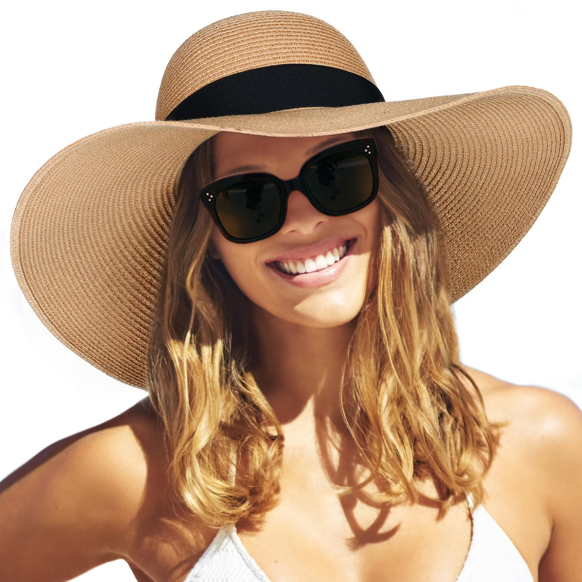 FURTALK Womens Sun Straw Wide Brim UPF 50 Summer Foldable Roll up Floppy Beach Hat for Women Khaki