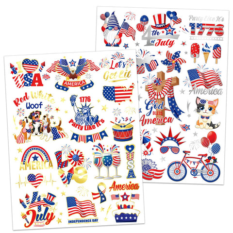 HOWAF 4th of July Silver Foil Gold Foil Temporary Tattoo, Independence Day Shine Metallic Tattoo Stickers for American July Fourth Party USA Patriotic Party Decorations, Red White Blue Face Tattoos