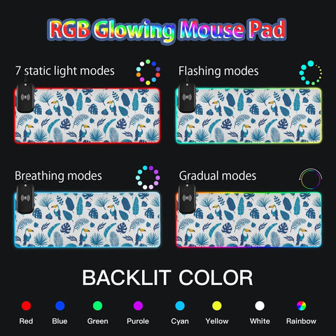 Cute Toucans and Palm Leaves Wireless Charging Mouse Pad for Mobile Phone Extra Large Gaming Mousepad with 13 Lighting Modes Mouse Mat for Gaming MacBook PC Laptop Desk Home Office