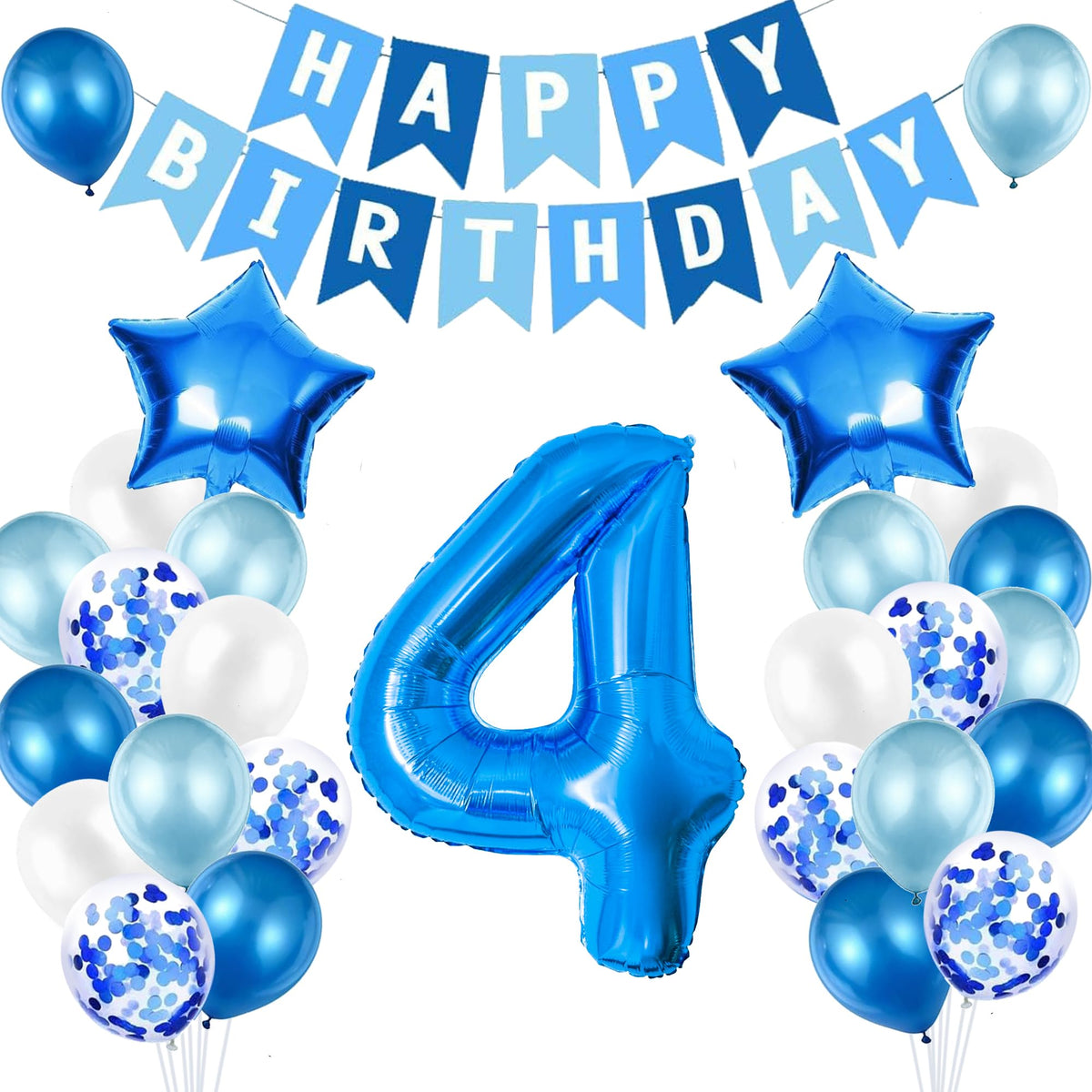 4th Birthday Decorations for Boys, Number 4 Balloon, Blue Silver 4th Party Decorations, Happy Birthday Bunting Banner, 32inch Foil Number 4 Balloons Set for Birthday Party Anniversary Decorations