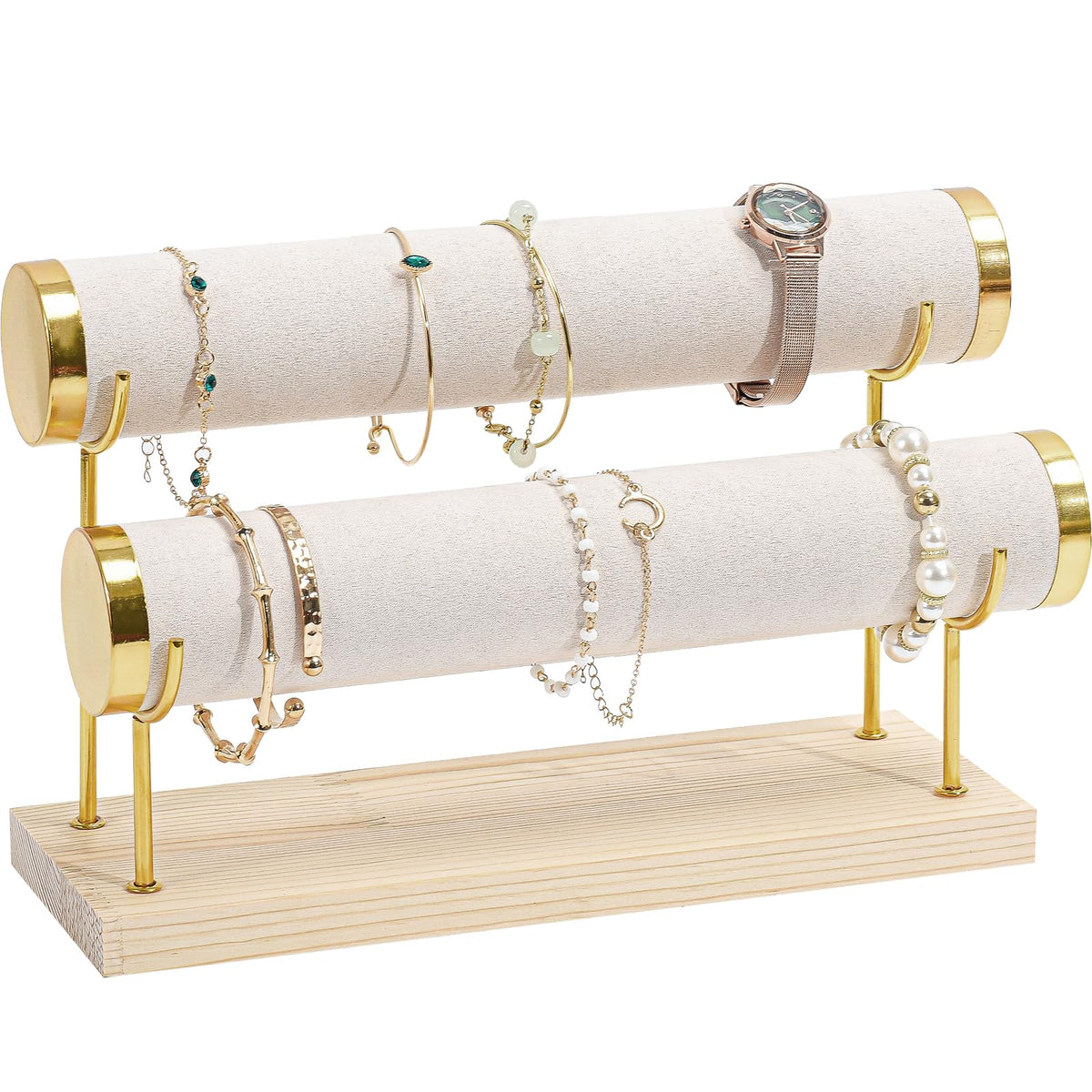 ProCase Detachable Bracelet Holder Stand, Gold Bracelet Organiser for Selling, Velvet Wrap Bracelet Display Rack with Wooden Base for Bangles Scrunchies Watches - 2 Tier, Beige