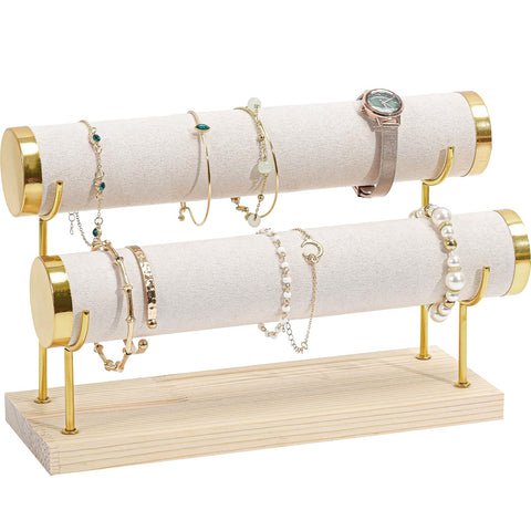 ProCase Detachable Bracelet Holder Stand, Gold Bracelet Organiser for Selling, Velvet Wrap Bracelet Display Rack with Wooden Base for Bangles Scrunchies Watches - 2 Tier, Beige