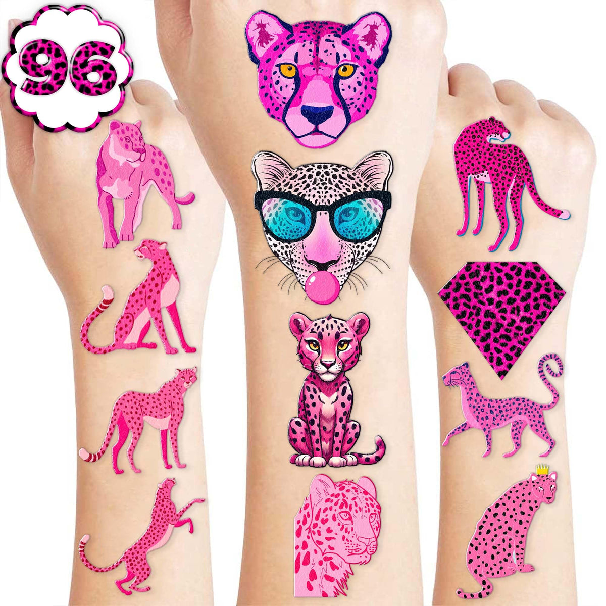 Generic 96 PCS Pink Cheetah Print Temporary Tattoos Theme Birthday Party Favors Supplies Decorations Decor for Girls Boys Classroom School Prizes Rewards