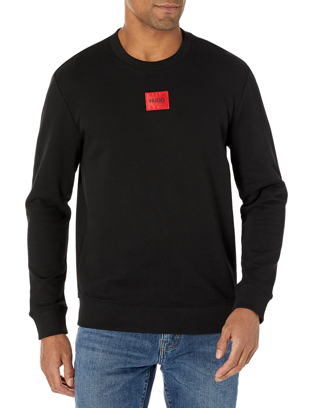 HUGO Men's Regular Fit Square Logo Jersey Sweatshirt Pullover Sweater, Black, XL
