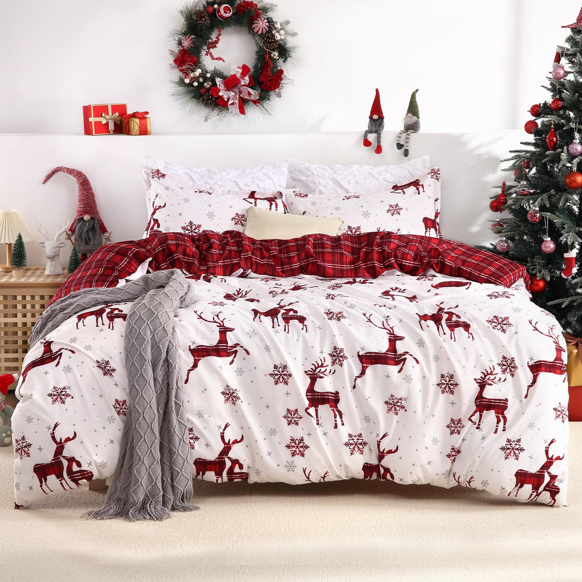 STARBEDIA Christmas Duvet Cover Queen, Soft Brushed Microfiber Comforter Cover Sets, Reindeer Printed Holiday Theme Bedroom Decorative Bedding (Queen Size, Red Plaid Deer)