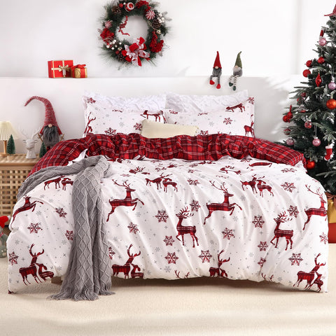 STARBEDIA Christmas Duvet Cover Queen, Soft Brushed Microfiber Comforter Cover Sets, Reindeer Printed Holiday Theme Bedroom Decorative Bedding (Queen Size, Red Plaid Deer)