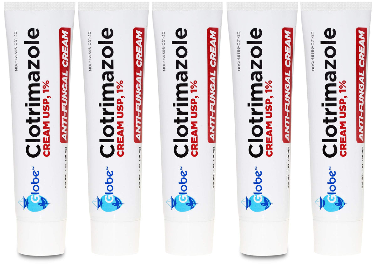 (5 pack) Globe Clotrimazole 1% Cream (1 oz) Relieves the itching, burning, cracking and scaling associated Athletes Foot, Jock Itch, Ringworm and more.