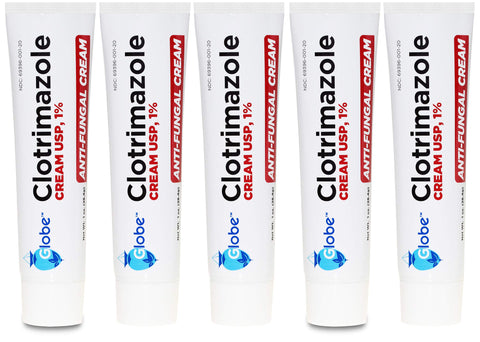 (5 pack) Globe Clotrimazole 1% Cream (1 oz) Relieves the itching, burning, cracking and scaling associated Athletes Foot, Jock Itch, Ringworm and more.
