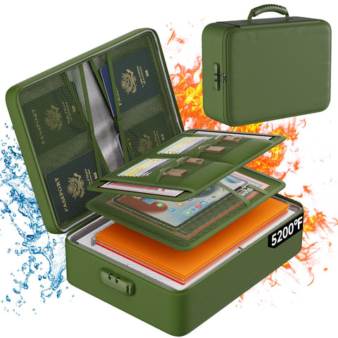 DocSafe 5200Â°F Document Organizer with Lock,Upgraded Heat Insulated Fireproof?Waterproof Box 8 Layers File Organizer,Portable Home Travel Safe Storage for Important Documents, Files,Green (Soft)