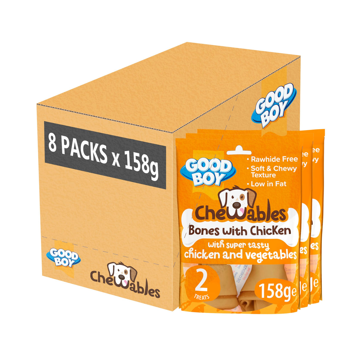 Good Boy Chewables Dog Treats Rawhide Free Chicken Medium Bones Box of 8 x 158g