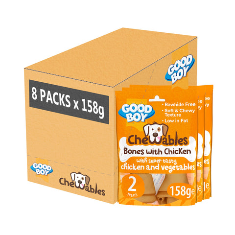 Good Boy Chewables Dog Treats Rawhide Free Chicken Medium Bones Box of 8 x 158g