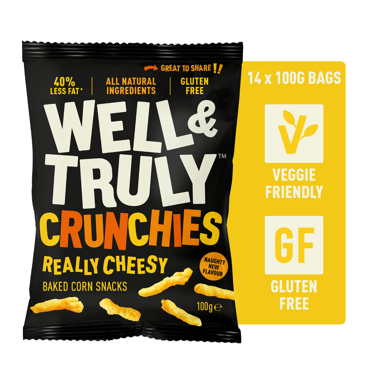 WELL&TRULY: Really Cheesy Baked Corn Snacks - Gluten Free - Vegetarian - No Added Sugar - Less Fat - Healthy Snack - (Box of 14 Bags, 100g Each)