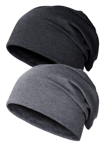 Kiiwah 2pcs Unisex Slouchy Beanie Cap, Winter Slouch Beanie Hat, Jersey Skull Cap for Men and Women (Black, Grey)