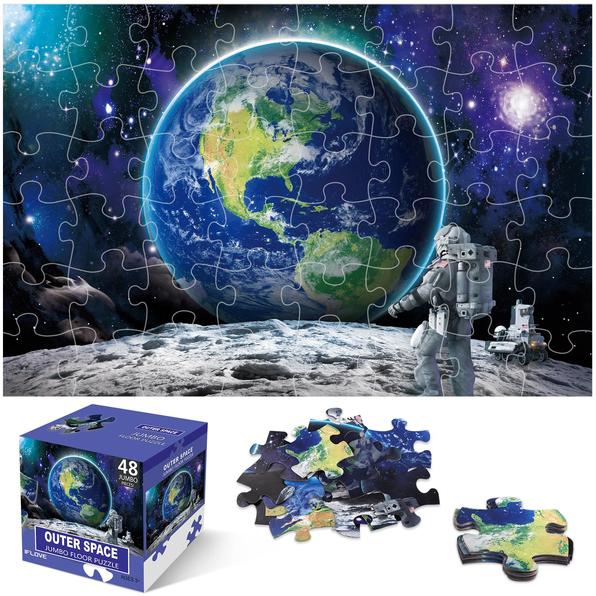 Jumbo Floor Puzzle for Kids Ages 4-8,Space Earth Jigsaw Puzzles,48 Piece Astronaut Large Puzzles for Toddler Ages 3-5,Preschool Learning Planets Earth Toys Christmas Birthday Gift for Boys Girls