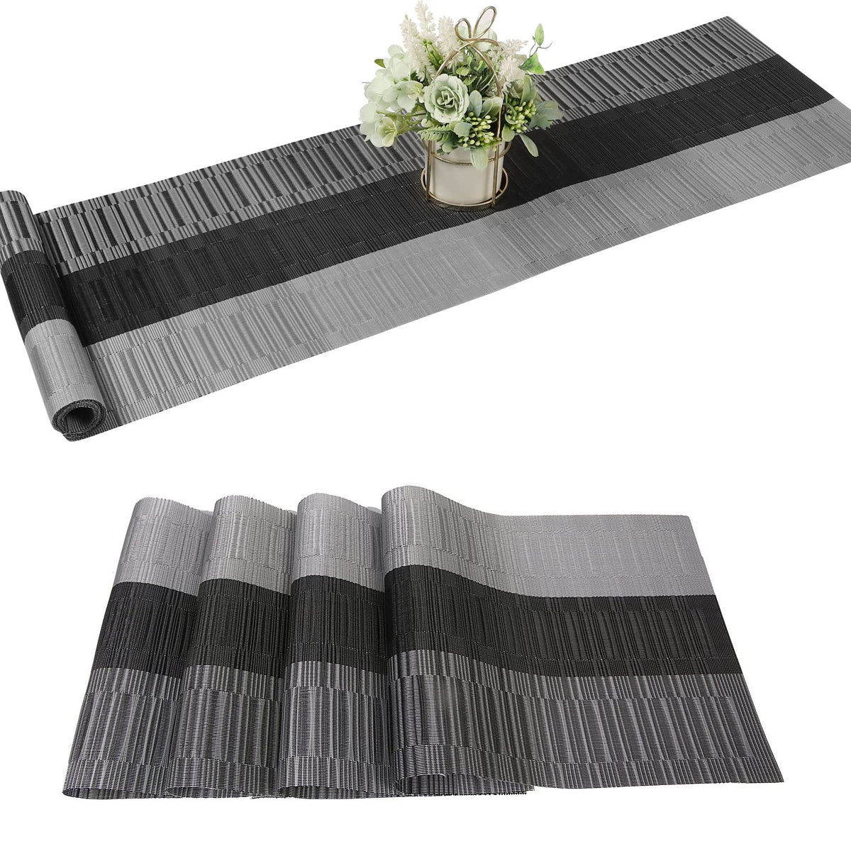 Famibay Table Runner and Placemats Set Vinyl Dining Table Runner 70.8x12 Long Cross-Weave Easy to Clean Table Runners Indoor Outdoor Waterproof Table Runner(1 Table Runner with 4 mats, Black+Gray)