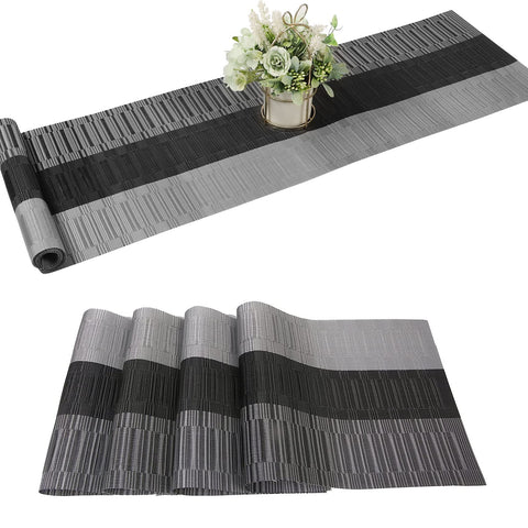 Famibay Table Runner and Placemats Set Vinyl Dining Table Runner 70.8x12 Long Cross-Weave Easy to Clean Table Runners Indoor Outdoor Waterproof Table Runner(1 Table Runner with 4 mats, Black+Gray)