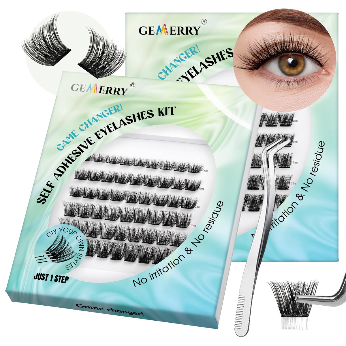 GEMERRY Lash Extension Kit, Lash Clusters Self Adhesive Eyelashes Press On Lashes DIY Eyelash Extension Kit Individual Lashes Eyelash Clusters with Lash Tweezers No Glue Needed No Residue Lash Kit