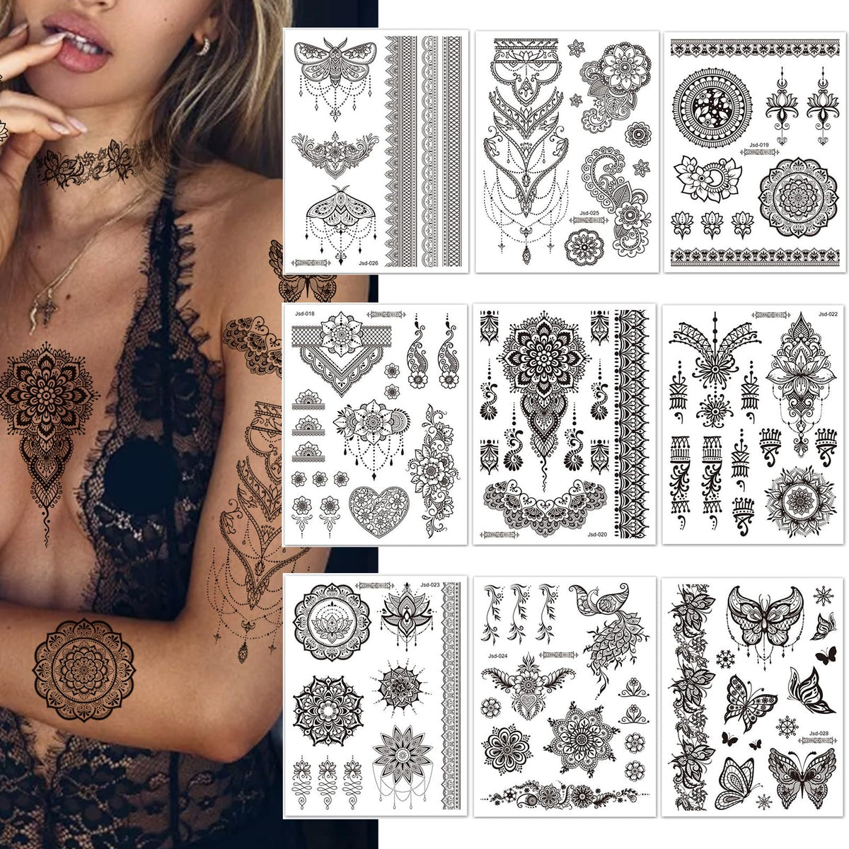 Henna Temporary Tattoos for Women Girls 10 Sheets Black Fake Flower Mandala Jewelry Pendant Butterfly Tattoo Stickers Waterproof Body Art Stickers for Body Arm Wedding Party Favors Makeup Supplies