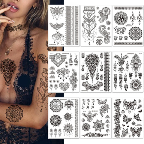 Henna Temporary Tattoos for Women Girls 10 Sheets Black Fake Flower Mandala Jewelry Pendant Butterfly Tattoo Stickers Waterproof Body Art Stickers for Body Arm Wedding Party Favors Makeup Supplies