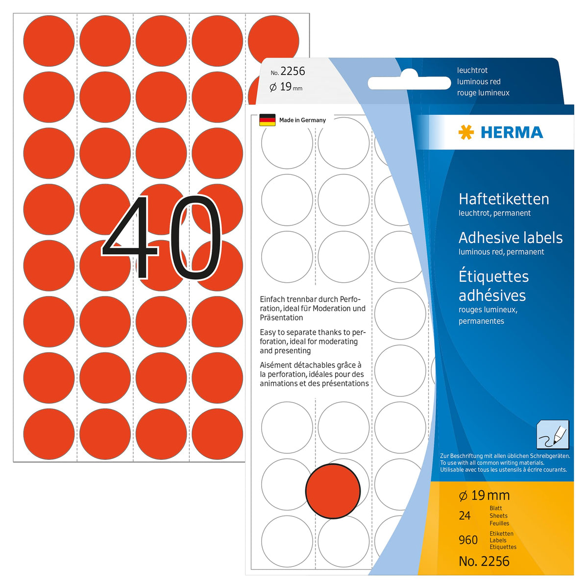 HERMA 2256 Multi-Purpose Labels/Colour dots Ã˜ 19 mm Round Luminous red Paper matt Backing Perforated 960 pcs.