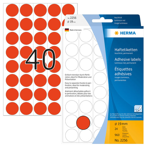 HERMA 2256 Multi-Purpose Labels/Colour dots Ã˜ 19 mm Round Luminous red Paper matt Backing Perforated 960 pcs.