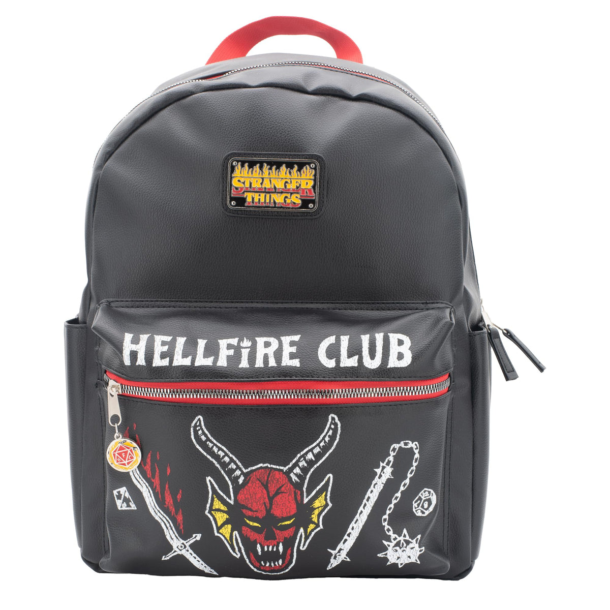 AI ACCESSORY INNOVATIONS Stranger Things Hellfire Club PU Backpack, School Travel Bag with Epoxy Filled Metal HFC Hexagon Charm, 16 Inch, Faux Leather