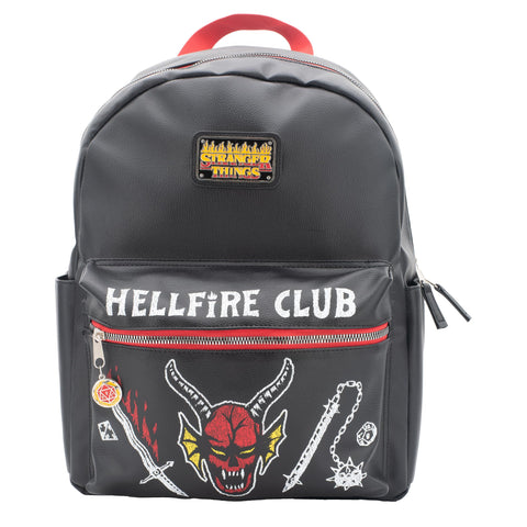 AI ACCESSORY INNOVATIONS Stranger Things Hellfire Club PU Backpack, School Travel Bag with Epoxy Filled Metal HFC Hexagon Charm, 16 Inch, Faux Leather