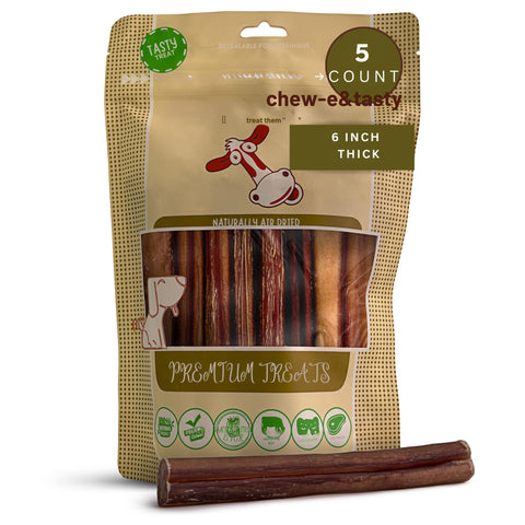 chew-e&tasty 6" Thick Bully Sticks for Dogs (Pack of 5) - 100% Natural, USDA Certified & Odor Free Bully Sticks - Made of Fully Digestible High Protein & Low Fats Dog Bully Sticks for Dogs