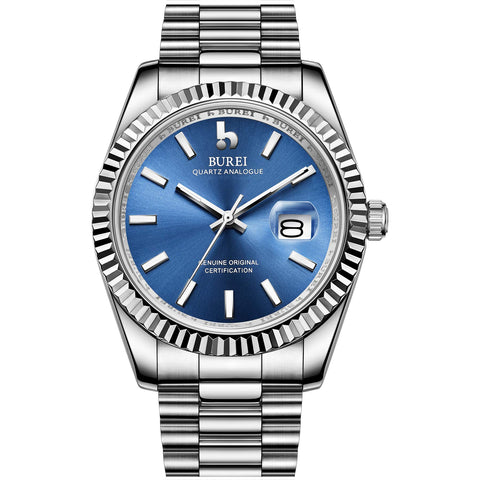 BUREI Men's Quartz Watches Analog Display Date Wristwatch Sapphire Glass Lens and Stainless Steel Band