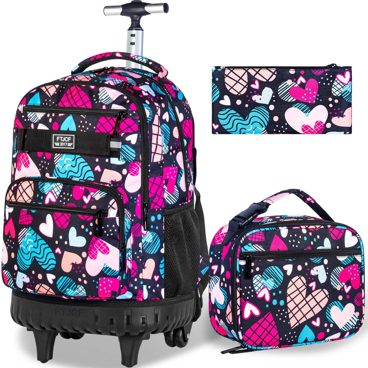 gxtvo Rolling Backpack for Girls, Adults Wheeled Bookbag with Lunch Box for Women, Kids Water Resistant Roller School Bag for College Teens Travel - Love Heart