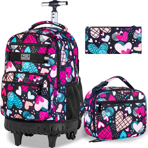 gxtvo Rolling Backpack for Girls, Adults Wheeled Bookbag with Lunch Box for Women, Kids Water Resistant Roller School Bag for College Teens Travel - Love Heart