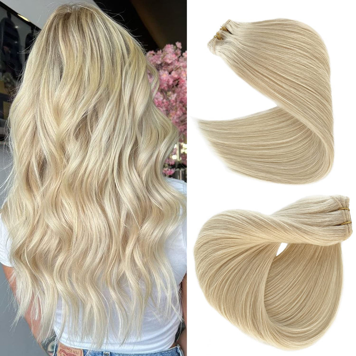 Weft Hair Extensions Human Hair Blonde Sew in Hair Bundles 12 Inch 80grams Thick Straight Hand Tied Hair Extensions Platinum Real Human Hair Sew in Extensions for Women