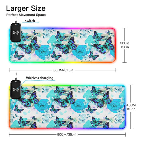 Flowers Butterfly Wireless Charging Mouse Pad for Mobile Phone Extra Large Gaming Mousepad with 13 Lighting Modes Extended Desk Mat for Office Home Gaming MacBook PC Laptop Desk