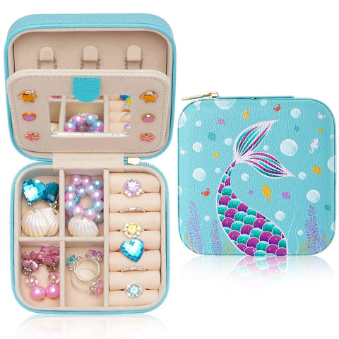 Girls Jewellery Box Blue Mermaid Jewellery Box Kids Travel Jewellery Case with Mirror, Mermaid Gifts Girls Birthday Gifts Jewellery Organizer for Display Storage Ring Pendant Earring Necklace Bracelet