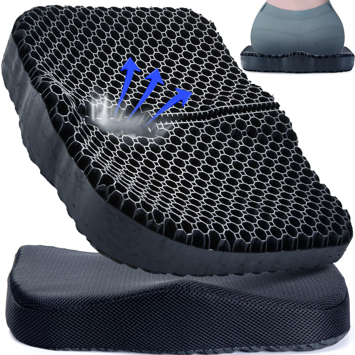 Thicker Gel Seat Cushion, Seat Cushion for Office Chair Big, Gel Chair Cushion, Gel Cushion for Wheelchair Soft, Gel Car Seat Cushion Breathable, Seat Cushion for Hip Pain for Long Sitting (Black)