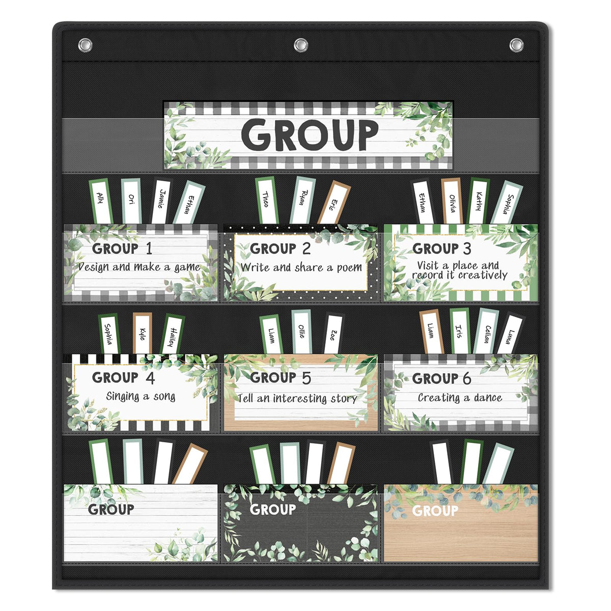 Greenery Small Group Management Pocket Chart with 64 Cards, Eucalyptus Classroom Group Pocket Chart for Small Group Organizer and On Task, Farmhouse Pocket Chart for Classroom Must Haves Supplies