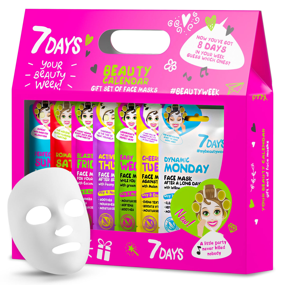 7Days Face Masks Skincare Gift Set - Calendar Face Mask Beauty Gift Set for Women - Sheet Masks Set Moisturising, Brightening, Nourishing, Hydrating, Soothing, Refreshing, 8pc