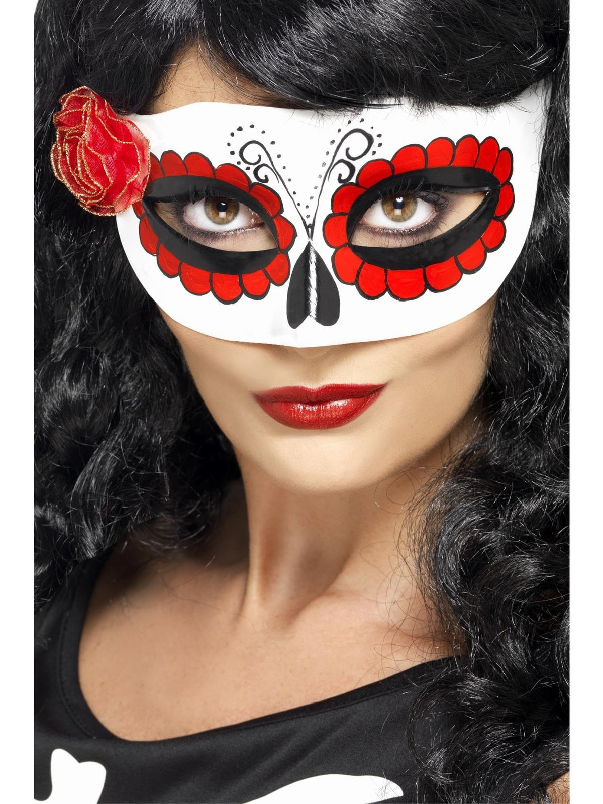 Smiffys Mexican Day Of The Dead Eyemask, White & Red with Rose, Eyemasks Fancy Dress, Adult Dress Up Eye masks