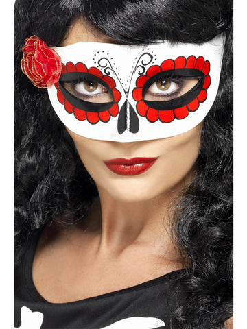 Smiffys Mexican Day Of The Dead Eyemask, White & Red with Rose, Eyemasks Fancy Dress, Adult Dress Up Eye masks