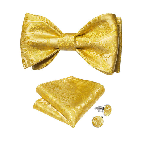 DiBanGu Silk Bow Ties for Men Striped Solid Paisley Self Bowtie and Pocket Square Cufflinks Formal Tuxedo Bowtie Set Wedding, Gold Yellow