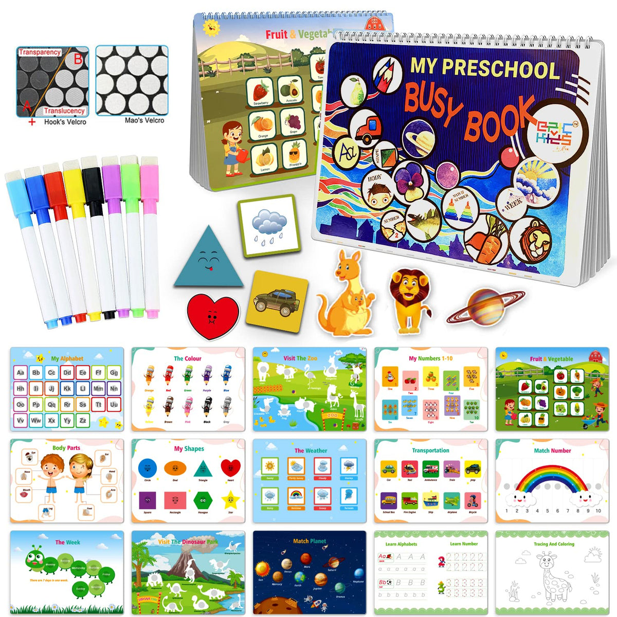 Epic Kids By Mom Preschool Busy Book, 23 Pages, 13 Themes + Tracing and Coloring for Kids, Preschool Learning Activities for Kids, Sensory Quiet Books, Learning Resources, Montessori Toys