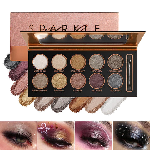 Shimmer Eyeshadow Palette, DE'LANCI 10 Colors Glitter Neutral Eye Shadow Metallic High Pigmented Long Lasting Eye Makeup Set, Natural Smokey Waterproof Eyeshadow Pallet for Multi-Dimensional Eyes Look