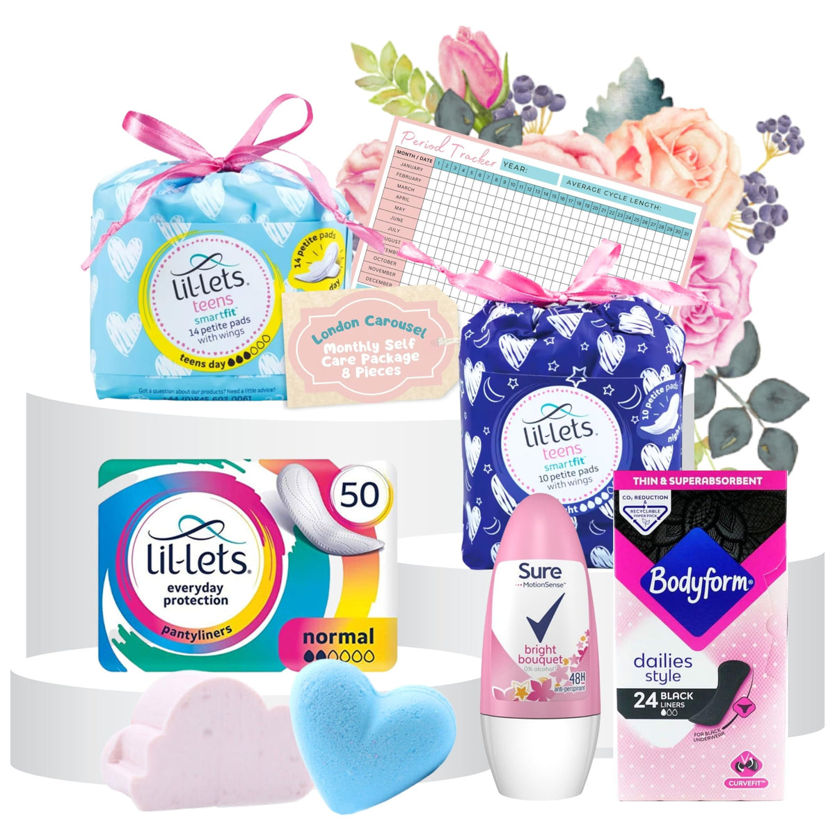 First Period Kit for Girls - with Lil Lets Sanitary Pads and Liners, Bodyform Panty Liners, Roll on Deodorant, Bath Bomb, Mini Soap and Period Tracker