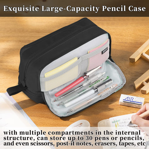 Tesmien Pencil Case, Large Pencil Case with 4 Compartments Stationery Organizer for Boys and Girls, Aesthetic Pencil Bag Suitable for Kids Teenagers Students Women Men, Black