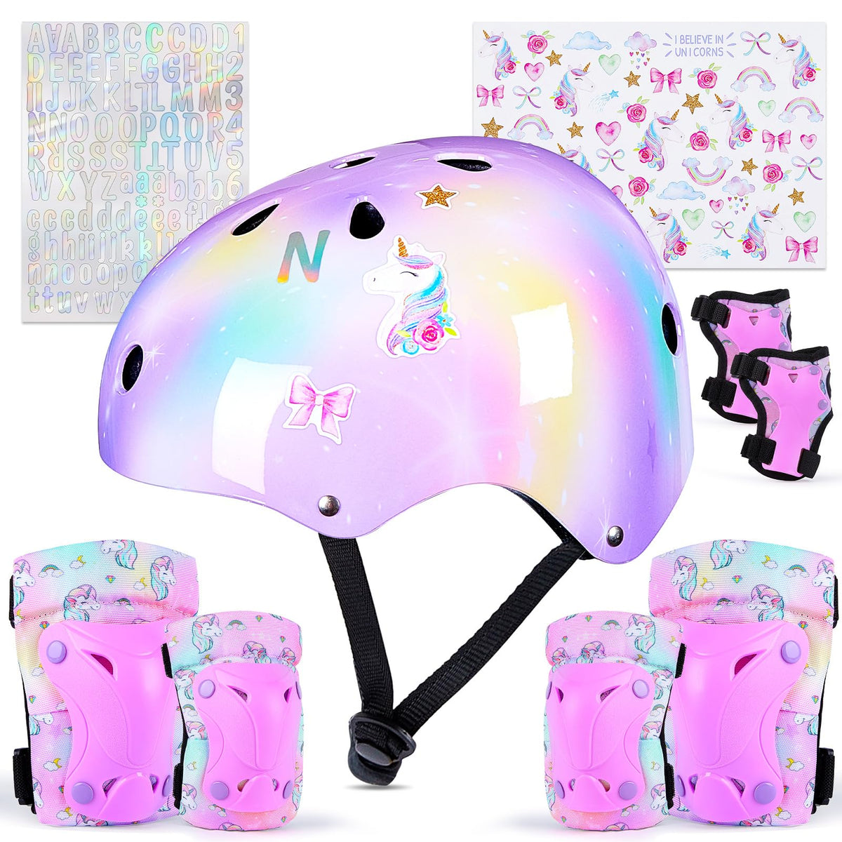 Kids Helmet and Pads Set Unicorn Knee Pads and Elbow Pads Set with Stickers Adjustable Protective Gear Set for Girls Age 3-8 Years fit Roller Skates,Bicycle,Skateboarding,Scooter, Yelllow Pink