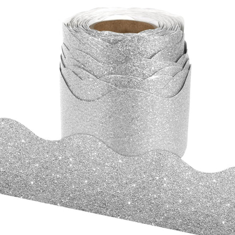 65.6Ft Silver Glitter Bulletin Board Border, Silver Scalloped Bulletin Board Trims Adhesive Shiny Decorative Bulletin Board Trim Christmas Glitter Border for Classroom School Home Office Decor